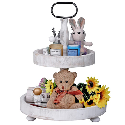2 Tier Tray Rustic Cake Stand Farmhouse Kitchen Decor Centerpiece,Farmhouse Serving Tray with Handle for Coffee Bar