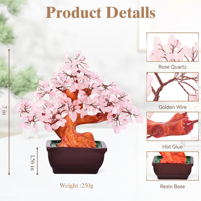 AzureLeap Feng Shui Natural Rose Pink Quartz Crystal Money Tree Bonsai Style Decoration for Wealth and Luck (Pink)