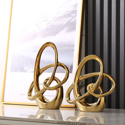 Modern Gold Knots Decor Ceramic Statue - Abstract Home Accent & Tabletop Figurine for Living Room, Bedroom, Bathroom, Office, Shelf, Mantel - Wedding, Coffee Table, Dining Room Centerpiece Decoration