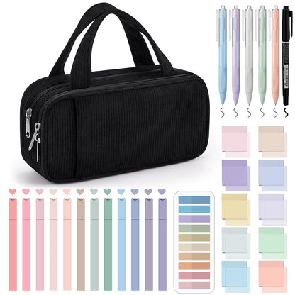 Jutom 39 Pcs Aesthetic Book Annotation Kit Highlighter with Pencil Case Bag Gel Pen Transparent Sticky Note Taking Bible Study College School Supplies(Black,Classic Style)