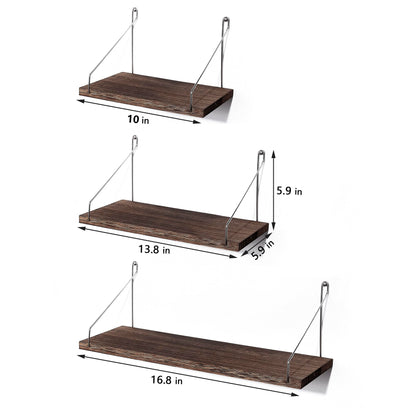 MITIME Floating Shelves Set of 3 Rustic Solid Wood Floating Shelf Wall Storage Shelves for Living Room, Bedroom, Bathroom, Kitchen Laundry, Office.no Drill Shelf.(Retro Color L+M+S)