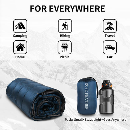 ROSE FEATHER Down Camping Blanket, Lightweight Outdoor Travel Blanket, Puffy Sleeping Bag Blanket, Waterproof Packable Backpacking Quilt for Camping,Travel, Airplane,Hiking,Picnic, 55''x79'' (Blue)