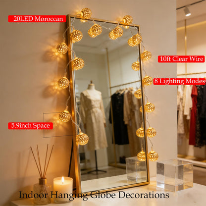 USB & Battery Operated Fairy Moroccan String Lights for Home Bedroom Decor, 9.8ft 20 LED Decorative Metal Gold Globe Lanterns 8 Modes Diwali Decoration for Christmas Birthday Boho Party (Warm White)