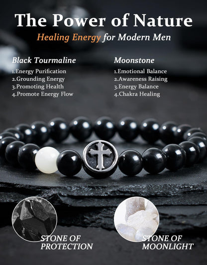 Landorilo Gifts for Men, 8mm Cross Natural Stone Beaded Bracelets, Black Tourmaline Healing Bracelet, Handmade Mens Jewelry Gift for Him, Husband, Son, Father, Friend(Happy Birthday-7.5in)