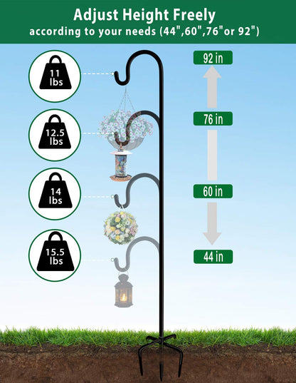 Artibear Adjustable Outdoor Shepherd Hook Stand with 5 Prong Base, 92 Inches Tall 3/5 in Thick, Shiny Black (2 Packs)