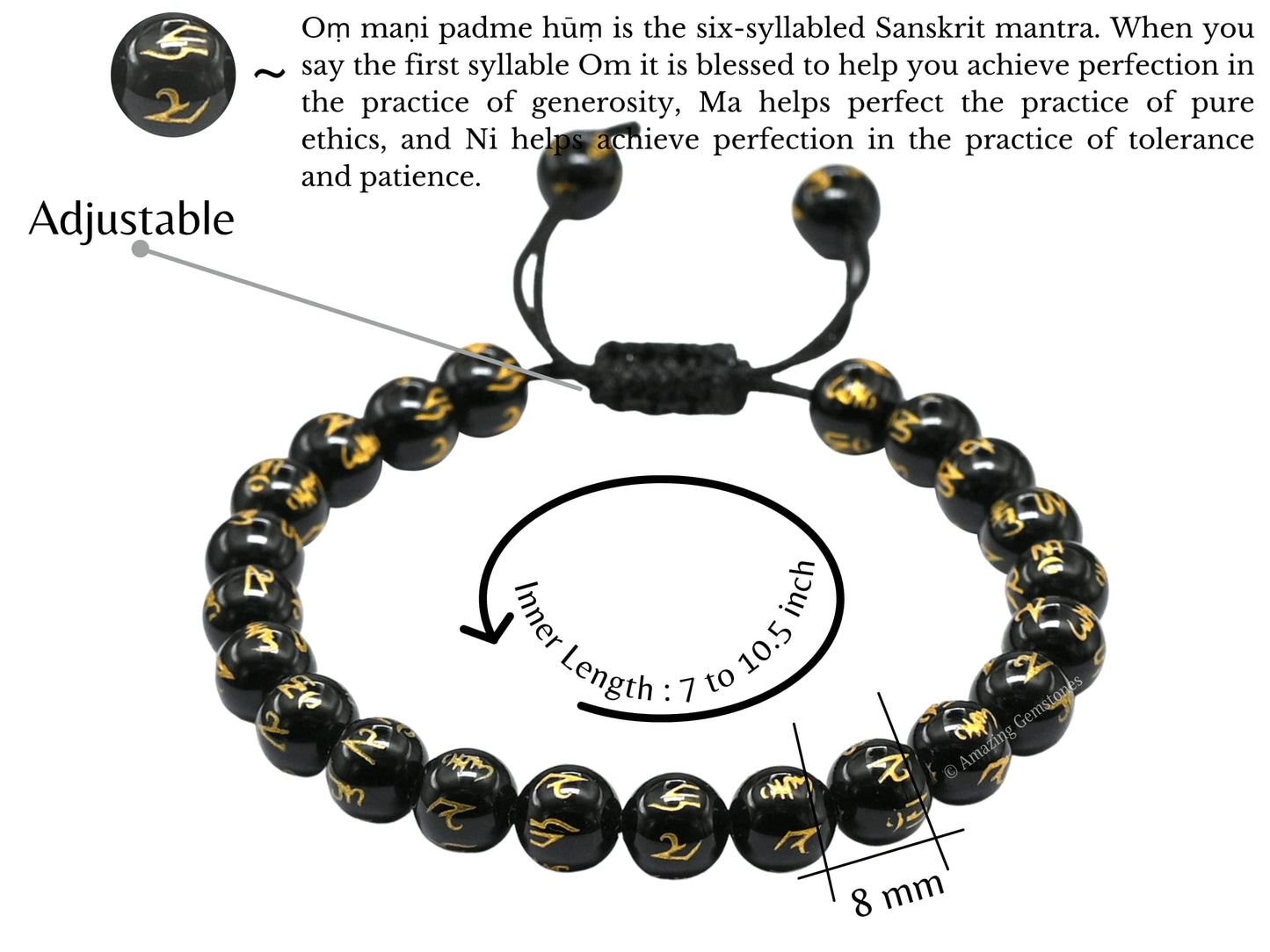 Amazing Gemstone Om Mani Black Agate Bracelet for Women Men's Gifts - Protection Healing Crystal Bracelet - 8mm Gemstones Beaded Adjustable Bracelet Pulseras Para Hombres Mujer Stocking Stuffers
