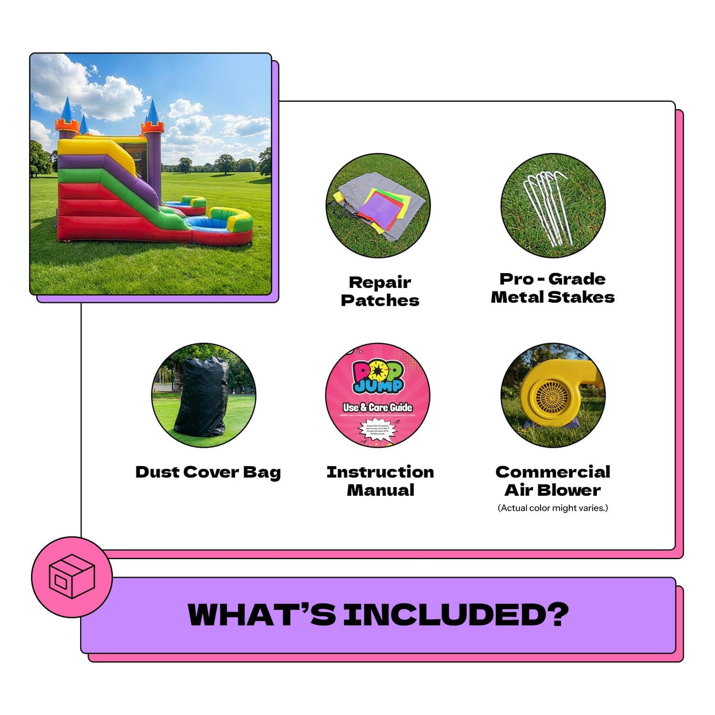 POP JUMP 16'x15'x12' Rainbow Castle Inflatable Bounce House with Dual Water Slide & Pool, 100% PVC Vinyl, Commercial Reinforced, Basketball Hoop, Front Entrance for Easy Supervision, Includes Blower