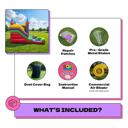 POP JUMP 16'x15'x12' Rainbow Castle Inflatable Bounce House with Dual Water Slide & Pool, 100% PVC Vinyl, Commercial Reinforced, Basketball Hoop, Front Entrance for Easy Supervision, Includes Blower
