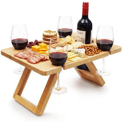 Dumbpec Bamboo Wine Picnic Table, Foldable Portable Charcuterie Tray with Bottle Slot and 4 Glass Holders, 15.6 x 11.7 x 7.5 in, for Beach, Park, Camping