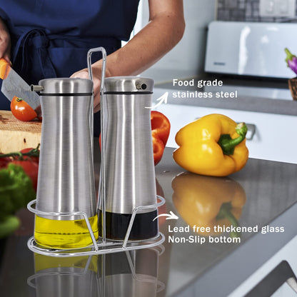 Aelga Oil And Vinegar Dispenser Set with Caddy - 2 Pack Oil Dispenser Bottle for Kitchen with No-Drip - Kitchen Decor and Accessories for Home Restaurants Weddings