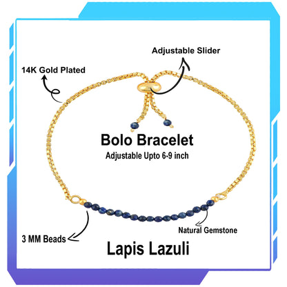 TGH Natural Lapis Lazuli Gemstone Roind Beads Bolo Bracelet Chakra Healing Crystals 14k Gold Plated Adjustable Slider Birthday Wedding Handmade 6-9 inch Christmas Gifts (Lapis Lazuli)