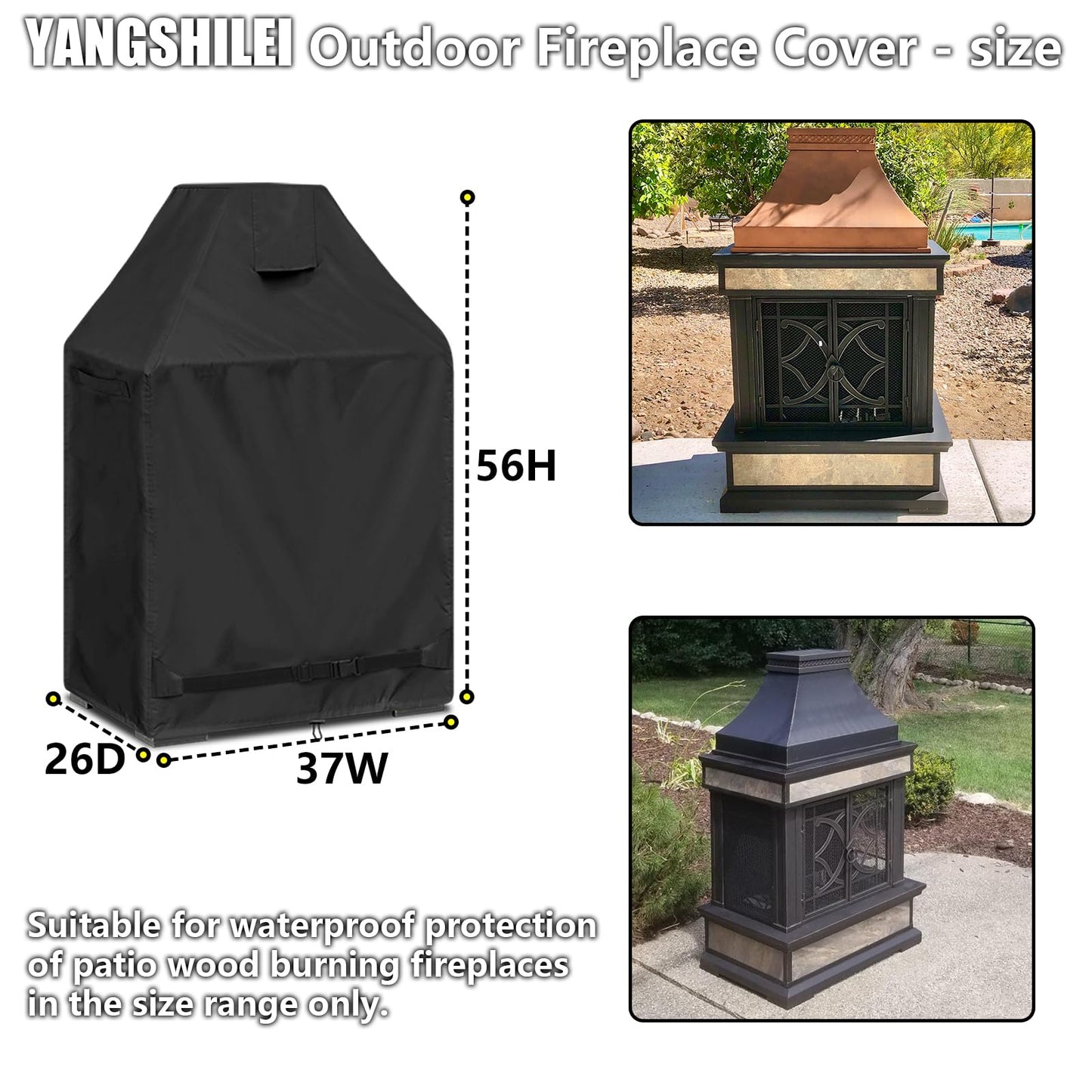 Outdoor Fireplace Cover 100% Waterproof Patio Wood Burning Fireplaces Rain Cover Weather-Proof / UV-proof/Full-coverage Rust-Proof Protection Chiminea Fire Pit Covers 37"W x 26"D x 56"H, Black