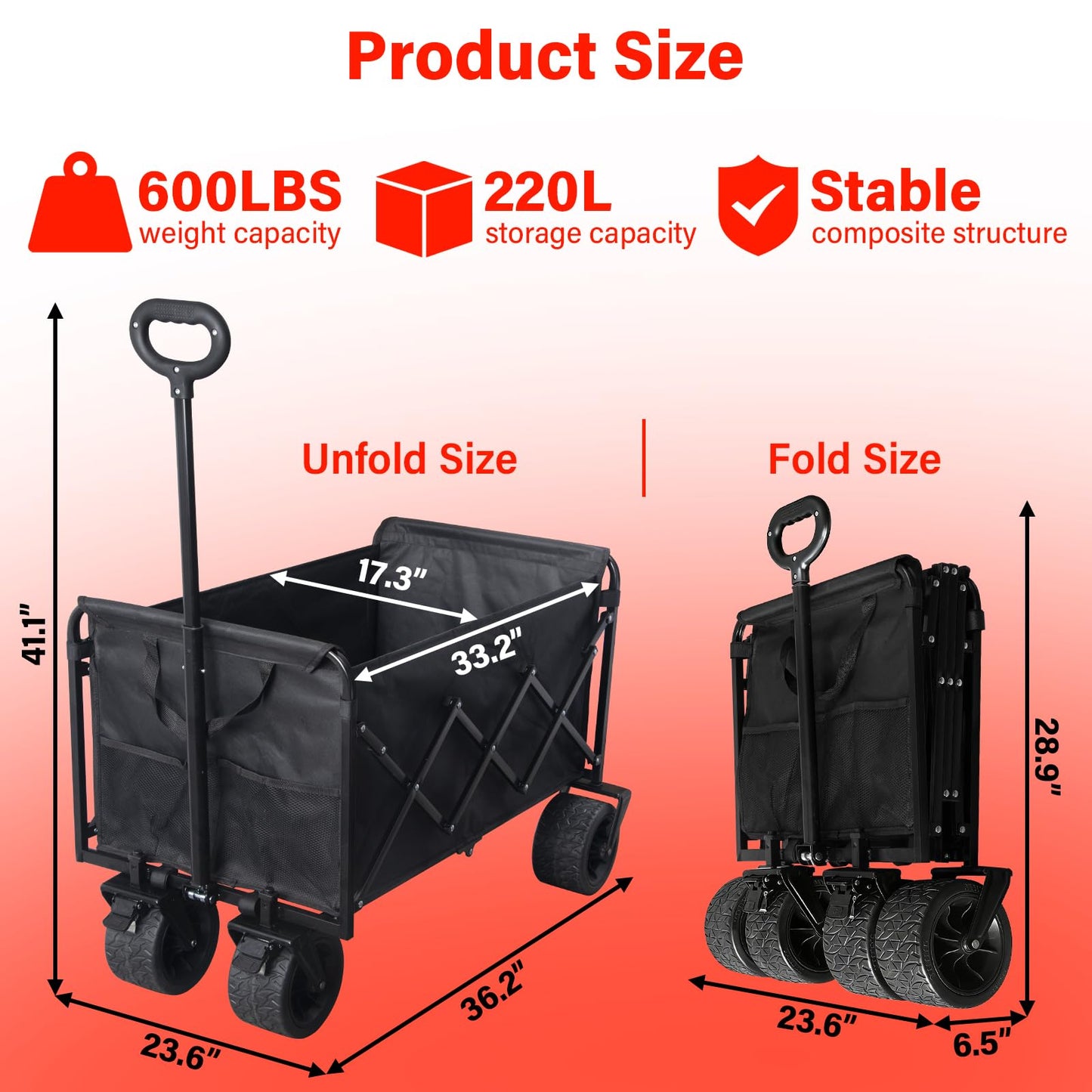 Collapsible Wagon Cart Foldable, 600LBS Beach Wagon with Big All-Terrain Wheels & Brakes, Heavy Duty Folding Utility Carts with Cup Holders for Garden, Camping, Sports, Groceries, Shopping