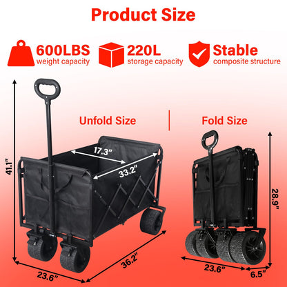 Collapsible Wagon Cart Foldable, 600LBS Beach Wagon with Big All-Terrain Wheels & Brakes, Heavy Duty Folding Utility Carts with Cup Holders for Garden, Camping, Sports, Groceries, Shopping