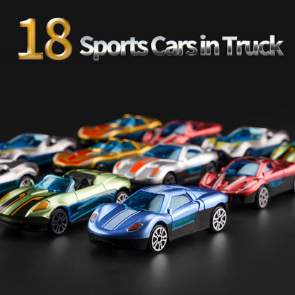 BoomCaCa Toy Truck Transport Car Carrier - 18 Sport Cars in Truck Toys, Toys for Boys and Girls Age 3-10 yrs Old, Ideal Party Christmas Birthday Gift for Kids