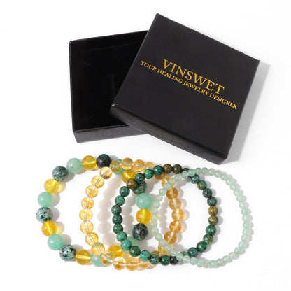 Vinswet 4pcs Natural Stone Beaded Bracelets for Women Men,Healing Crystal Gemstones Stretch Bracelet,4mm 6mm 8mm 10mm Aventurine African Turquoise Citrine Anxiety Stress Relief Bracelet Jewelry Gifts