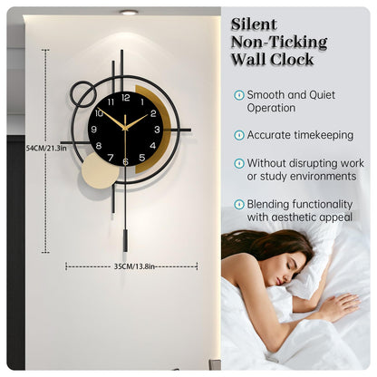 YIJIDECOR Wall Clock for Living Room Decor Decorative Wall Clock with Pendulum Silent Quartz Battery Operated Black Metal Large Clock for Dining Room,Kitchen,Home,Bathroom,Bedroom,13.8x21.3 in
