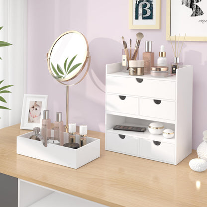 Bamboo Desk Organizer with Drawers Desktop Storage Drawers for Bills Office Supplies Kitchen Utensils Organizing Tool for Home Classroom Organization No Assembly (White)