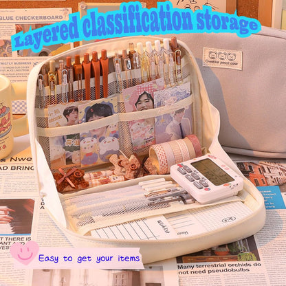 Fcteap Pencil Case Pouch Box Cute Kawaii Large Capacity Aesthetic Zipper Pen Holder Organizer Bag for Office Workspace Supplies Desk Accessories Travel (Off-White)
