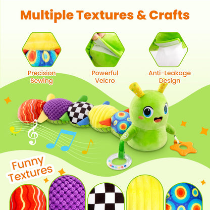 gogonova Baby Musical Caterpillar Toy 0-12 Months, Washable Teething Rattle with 10 Kids Songs, Infant Tummy Time Toy for Newborn Boys Girls (Green)