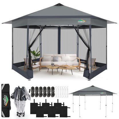 COBIZI 13x13 Pop up Gazebo, Hexagonal Outdoor Canopy Tent with Mosquito Netting, Portable 6-Sided Gazebo Tent, Waterproof, UV Resistant Height for Backyard, Gardens, Patio（Dark Gray）