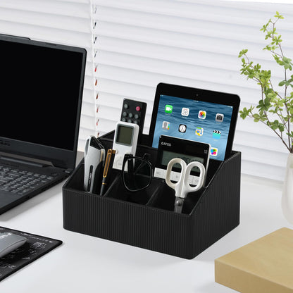 Cretkhp Remote Control Holder with 5 Compartments for Office Art Supplies, PU Leather Nightstand Organizer Pencil Pen Desk Caddy for Home, Desktop TV Remote Control Organizer Storage (Striped Black)