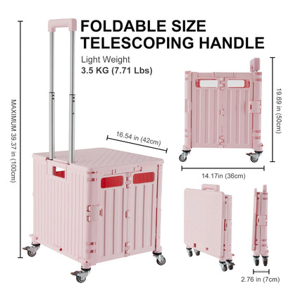 MACOPRO Folding Utility Cart Portable Rolling Crate Handcart Shopping Trolley Collapsible Tool Box, with Lid, Basket on 4 Rotate Wheels, for Grocery, Shopping, Office, Teacher (Pink)
