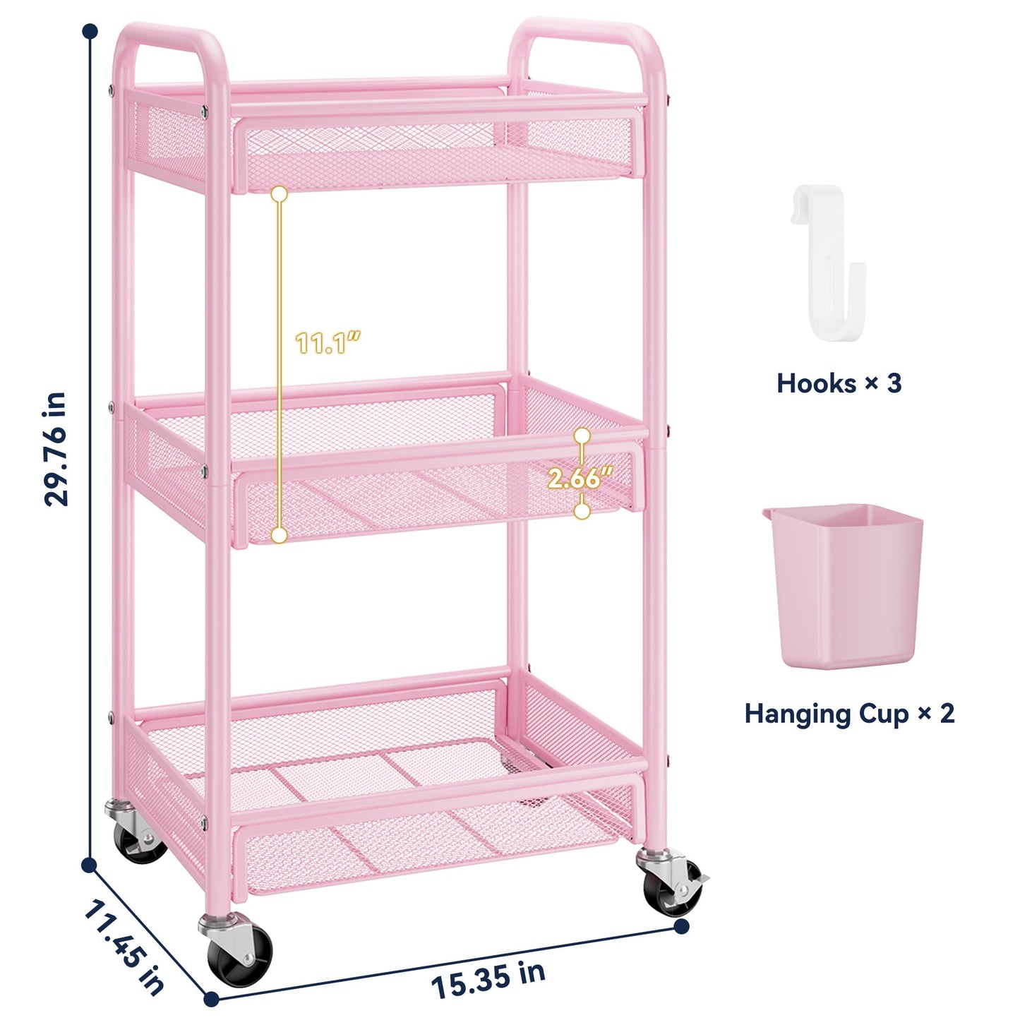YASONIC 3 Tier Rolling Cart – Metal Utility Storage Cart with Wheels, Craft Cart Organizer with Hanging Cups, Hooks, Mesh Basket for Bedside Kitchen Office Art, Pink