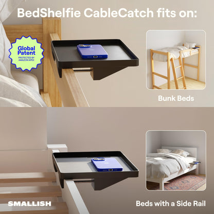 BedShelfie Bedside Shelf for Dorm Room Bunk Bed & Top Bunk, College Dorm Room Essentials, Bedside Caddy, Clip on Floating Desk Tray, Bed Side Table Storage, Loft Nightstand Decor - Cable Catch, Black