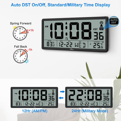 WallarGe Atomic Clock with Indoor Outdoor Temperature - Easy to Read - Self Setting, 14.5'' Jumbo Auto Set Digital Wall Clock Battery Operated