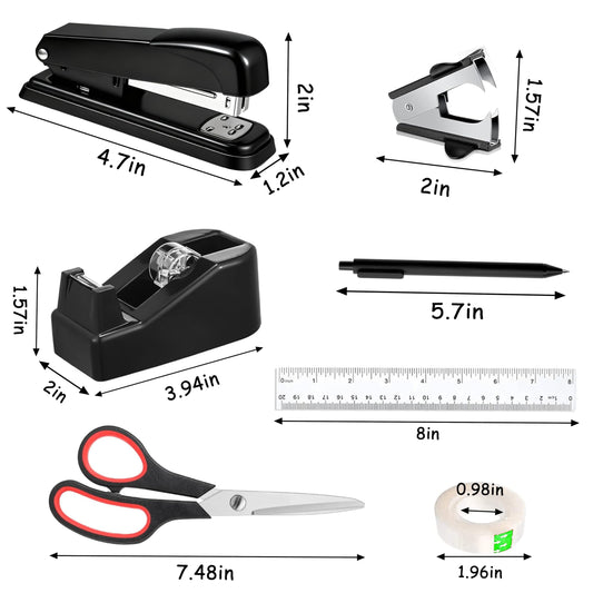 Dimonluce Office Desk Accessories, Black Office Supplies Accessories with Tape Dispenser, Stapler, Staple Remover, 1000 Staples, Tape, Clips Set, Ruler, Scissor, Pen