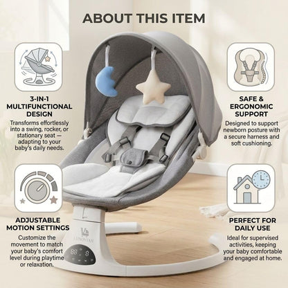 Baby Swing for Infants and Newborns, 3-in-1 Portable Infant Swing and Rocker Chair with Adjustable Motion, Music, 5-Point Harness, Lightweight Baby Seat for Indoor Use