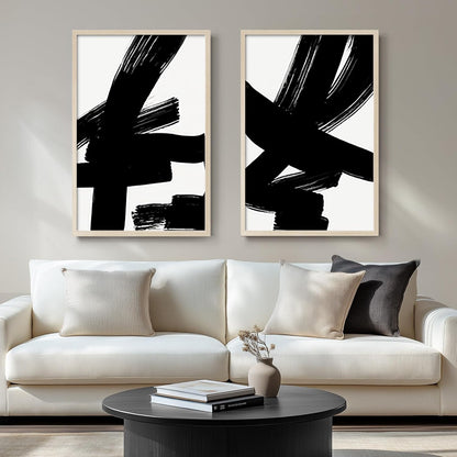 2Pcs Framed Black and White Abstract Thick lines Wall Art Canvas Prints Modern Minimalist Gallery Picture Posters Brush Stroke Wall Decor Living Room Bedroom Office 12x16 Inch Ready to Hang
