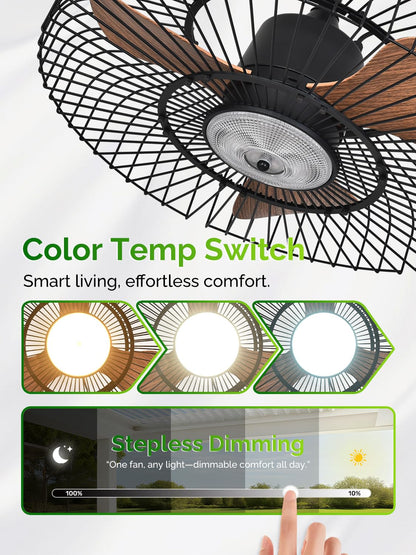 Orison Outdoor Ceiling Fans with Lights for Patio, 24" Weatherproof Ceiling Fan, Gazebo Fan Remote & APP Control, 3CCT Dimmable,Caged Plug in Ceiling Fan with Hanging Hook for Pergola Porch Canopy