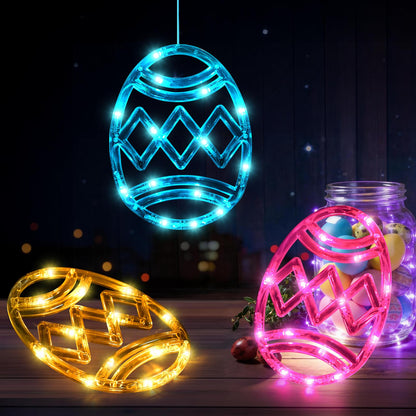 LYUBASA 3 Pack Easter Window Lights Decorations with Timer, Battery Powered Hanging Pink Yellow Blue Lighted Egg Shaped Sucker LED Lamp for 2026 Holiday Indoor Home Decor