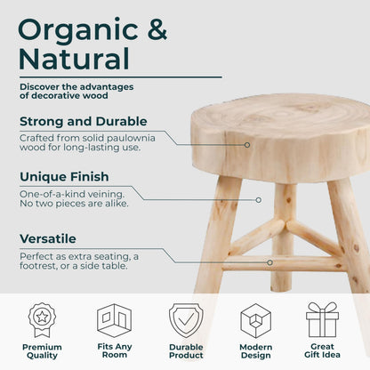 Sagebrook Home Paulownia Wood Stool - Rustic Handcrafted Wooden Accent Seat - Natural Finish - 16" Tall - Decorative Small Stool for Living Room, Bedroom & Office - 16" Ivory & Tan