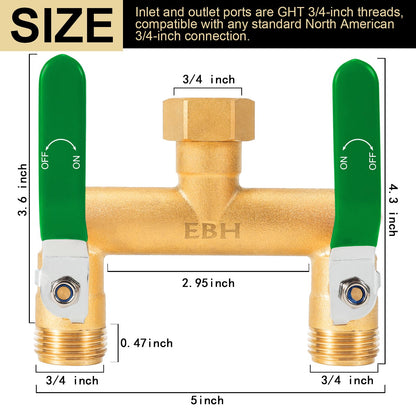 EBH Garden Hose Splitter, 2-Way High Flow Heavy Duty Brass Outdoor Hose Manifold with Extra Long Handles Full Flow Faucet Adapter- 3/4” GHT(Green)