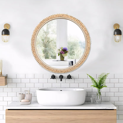 FUIN 24" Rattan and Wood Round Mirror for Boho Bathroom, Entryway, Living Room Decor