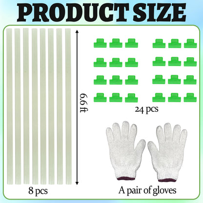 8-Pack Fiberglass Garden Hoops - High Flexibility Never Rust Bending Hoops with 24 Clips & Gloves for Raised Beds, Low Tunnels, Row Covers, Frost Protection & Pest Control (Fits 2-4 ft Wide Beds)