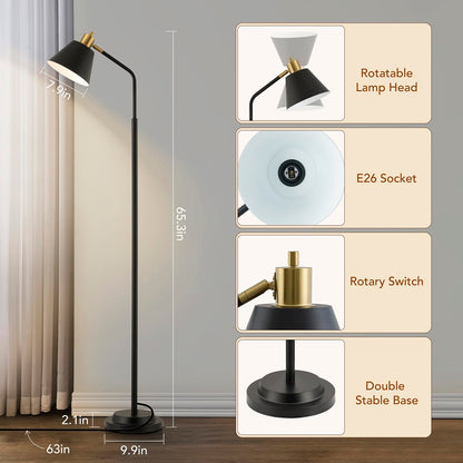 Leasgy 65.3" Floor Lamps for Living Room, Black Floor Lamp for Bedroom, Dual-Base Industrial Standing Lamp, Adjustable-Head Corner Lamp, Modern Tall Lamp, Living Room Light, Bulb Included, Black