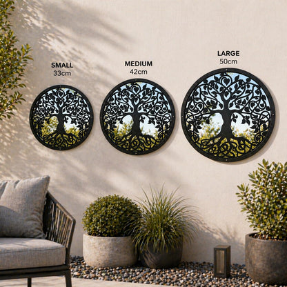 Sun Catcher Garden Decor Tree of Life Garden Mirror Range of Sizes Round Framed Mirror Outside Rust Resistant Acrylic Fixings Included Gift (42cm / 16.5 inch)