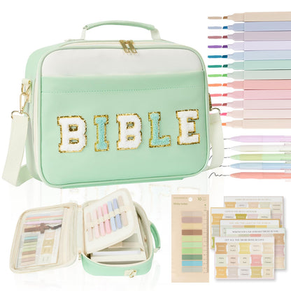 Siwara Bible Cover Case for Women - Large Bible Bag with Bible Study Supplies - Leather Western Bible Cover Carrying Tote Bags - Green