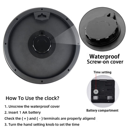 Caysie 16 Inch Sealed Large Outdoor Clock Waterproof, Silent Battery Operated Weatherproof Wall Clocks for Pool Patio Outside Home (Black)