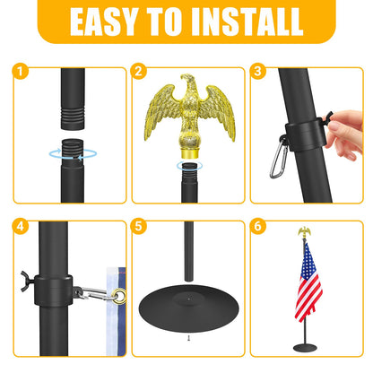 Wphold Indoor Flag Pole and Stand with 3x5 Ft American Flag & Golden Eagle Topper – 8FT Heavy Duty Flagpole Kit with Tangle-Free Rotatable Hooks & Stable Round Base for Office, Classroom, Home Decor