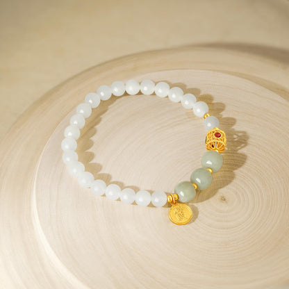 ZHOU LIU FU Sterling Silver Bracelets White Jasper Bracelet Bead Bracelet Green Jasper Round Fortune Charm Bracelet Stretch Bracelet for Women Mom Lover Birthday Aniversary 6.7inch/17cm