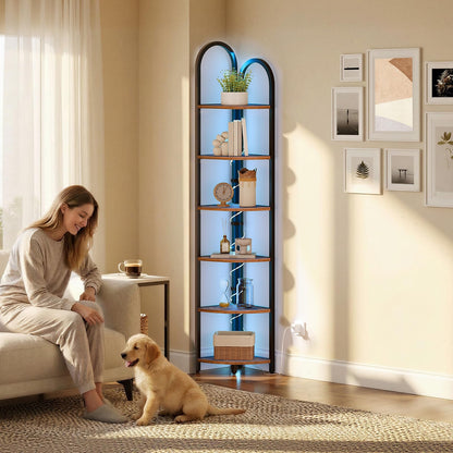 MAHANCRIS 6 Tier Corner Shelf with LED Light, 74.6'' Tall Corner Bookshelf Stand, Narrow Display Bookcase with Storage Rack for Wall Corner, Living Room, Bedroom, Small Spaces, Rustic Brown CSHR66101