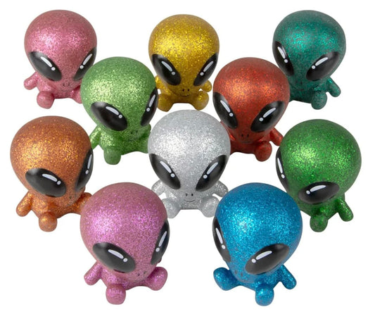 Rubber Glitter Galactic Alien Toys - Stress Relief, Fidget, Party Favors, Reward Chest, Treasure Chest, Goodie Bags, Bath Toys - Outer Space, UFO, Aliens, Galaxy - 10 Piece