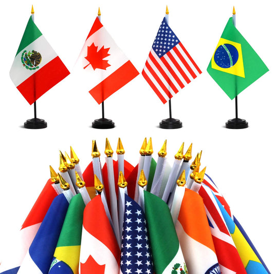ANLEY 24 Countries Deluxe Desk Flags Set - 8 x 5 Inches Miniature American US Desktop Flag with 13" Black Pole - Vivid Color and Fade Resistant - Come with Black Base and Black Top