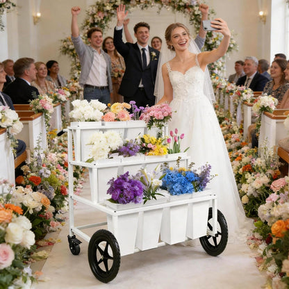 Heavy Duty Flower Cart Display Stand with Large Wheels and Handles, Metal Flower Plant Stand with 12 Buckets, Moving Flower Bouquet Holder for Farmers Market Stand, Flower Bar Supplies for Patio Garden Florist Wedding (White, L33.4*W31.4*H*40.5in)