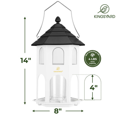 Kingsyard Metal Bird Feeder for Outdoor Hanging, Wild Bird Feeders with Circular Perch, Easy to Clean & Refill, 4 lbs Large Seed Capacity, White